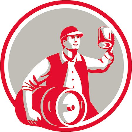 Illustration of an american worker wearing hat carrying keg on one hand and toasting beer mug on the other set inside circle on isolated background done in retro style. Photographie de stock - Aubaine LD & Abonnement, Code: 400-08617917