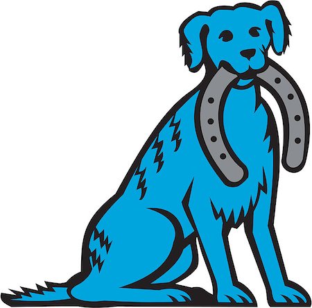 simsearch:400-08627495,k - Illustration of a blue merle dog sitting biting horseshoe viewed from front set inside circle on isolated background done in retro style. Stock Photo - Budget Royalty-Free & Subscription, Code: 400-08617919