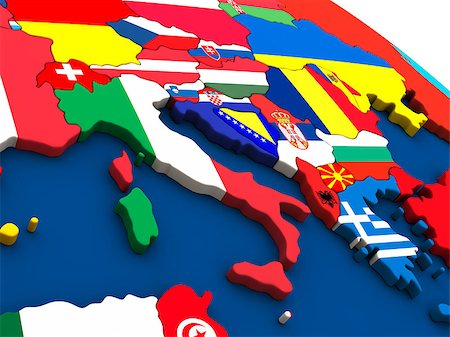Italy - political map of Italy and surrounding region with each country represented by its national flag. 3D Illustration. Foto de stock - Super Valor sin royalties y Suscripción, Código: 400-08618136