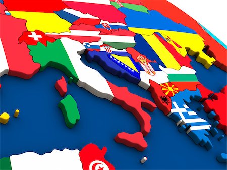 simsearch:400-08618138,k - Italy - political map of Italy and surrounding region with each country represented by its national flag. 3D Illustration. Foto de stock - Super Valor sin royalties y Suscripción, Código: 400-08618136