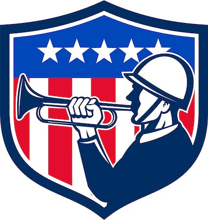 patrimonio (artist) - Illustration of an american soldier bugler doing a reveille viewed from the side with usa flag stars and stripes in the background set inside shield crest done in retro style. Fotografie stock - Microstock e Abbonamento, Codice: 400-08618342