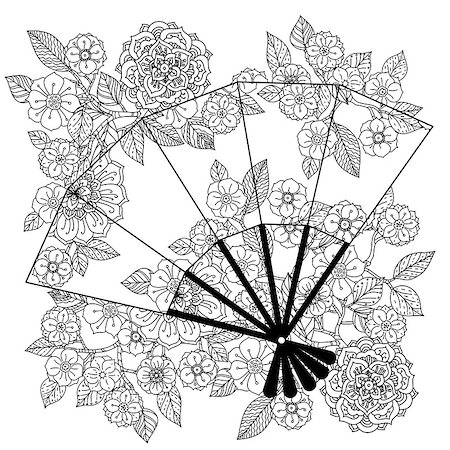 peony art - Uncoloured Oriental fan decorated with floral patterns for adult  coloring book.  Black and white. Uncolored Vector illustration. The best for your design, textiles, posters, adult coloring book Stock Photo - Budget Royalty-Free & Subscription, Code: 400-08618418