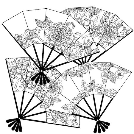 simsearch:400-08616791,k - Uncoloured Oriental fans decorated with floral patterns for adult  coloring book.  Black and white. Uncolored Vector illustration. The best for your design, textiles, posters, adult coloring book Foto de stock - Super Valor sin royalties y Suscripción, Código: 400-08618419