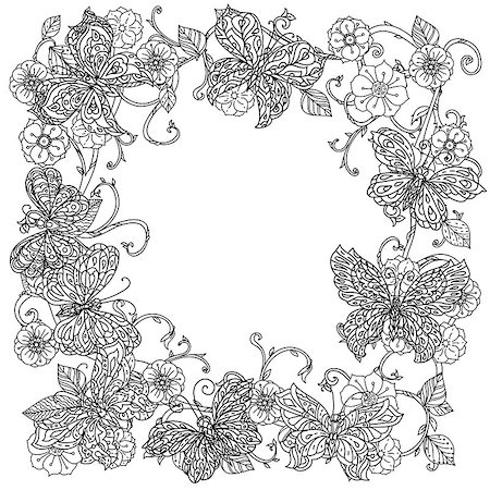 simsearch:400-08616791,k - Uncoloured frame flowers and butterfly for adult coloring book in famous zenart style. Hand-drawn, retro, doodle, vector, uncoloured. The best for design, textiles, posters, coloring book in vector. Foto de stock - Super Valor sin royalties y Suscripción, Código: 400-08618411