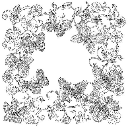 simsearch:400-08616791,k - Uncoloured frame flowers and butterfly for adult coloring book in famous zenart style. Hand-drawn, retro, doodle, vector, uncoloured. The best for design, textiles, posters, coloring book in vector. Foto de stock - Super Valor sin royalties y Suscripción, Código: 400-08618412