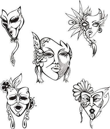 simsearch:400-08675501,k - Carnival Masks Set. Black and white vector illustrations. Stockbilder - Microstock & Abonnement, Bildnummer: 400-08618575