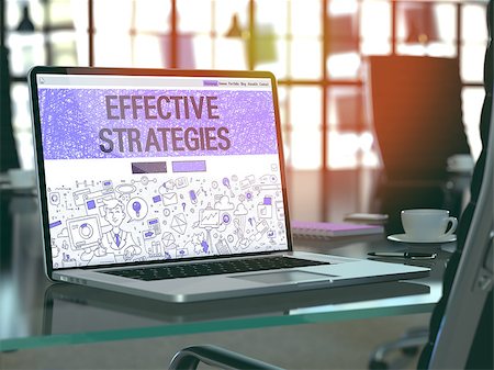 Effective Strategies Concept. Closeup Landing Page on Laptop Screen in Doodle Design Style. On Background of Comfortable Working Place in Modern Office. Blurred, Toned Image. 3D Render. Stock Photo - Budget Royalty-Free & Subscription, Code: 400-08618922