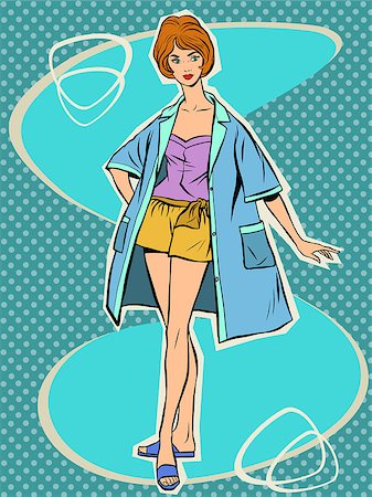 Beautiful girl in retro summer pajamas. Bring a bathing suit. Retro swimsuit. Short hair beauty Stock Photo - Budget Royalty-Free & Subscription, Code: 400-08619199