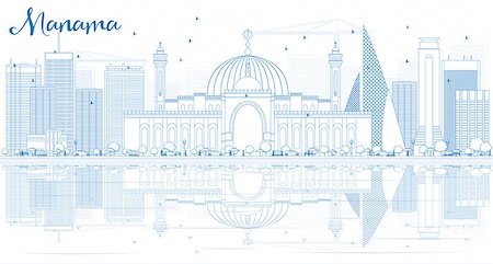 Outline Manama Skyline with Blue Buildings and Reflections. Vector Illustration. Business Travel and Tourism Concept with Modern Buildings. Image for Presentation Banner Placard and Web. Photographie de stock - Aubaine LD & Abonnement, Code: 400-08619225