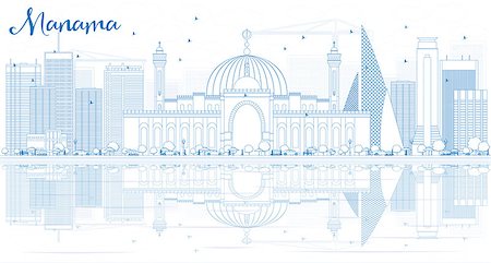 Outline Manama Skyline with Blue Buildings and Reflections. Vector Illustration. Business Travel and Tourism Concept with Modern Buildings. Image for Presentation Banner Placard and Web. Photographie de stock - Aubaine LD & Abonnement, Code: 400-08619225