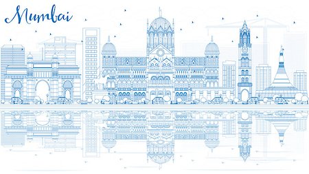 Outline Mumbai Skyline with Blue Landmarks and Reflections. Vector Illustration. Business Travel and Tourism Concept with Historic Buildings. Image for Presentation Banner Placard and Web Site. Foto de stock - Super Valor sin royalties y Suscripción, Código: 400-08619227