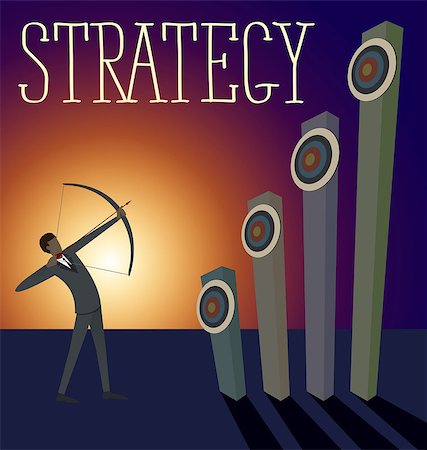 Vector flat business strategy concept. Business man shoots a bow to the target Stock Photo - Budget Royalty-Free & Subscription, Code: 400-08619360