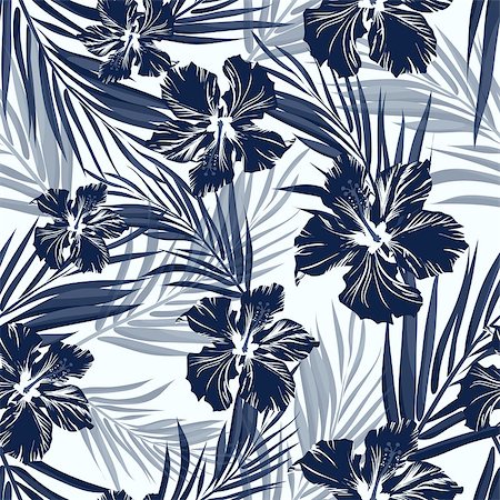 simsearch:400-08754428,k - Summer camouflage hawaiian seamless pattern with tropical plants and hibiscus flowers, vector illustration Stock Photo - Budget Royalty-Free & Subscription, Code: 400-08619414