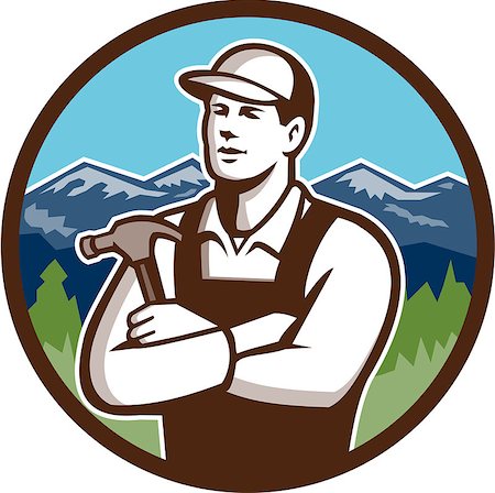 simsearch:400-07747598,k - Illustration of a carpenter builder wearing hat holding hammer with arms crossed looking to the side viewed from front set inside circle with mountains in the background done in retro style. Photographie de stock - Aubaine LD & Abonnement, Code: 400-08619462