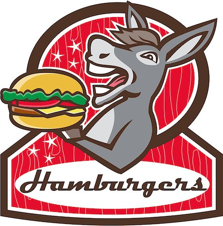 equus mulus - Illustration of a donkey, ass, mule or horse mascot serving up a hamburger burger sandwich set inside oval shape with words Hamburgers done in 1950s retro diner style viewed from the side done in retro style. Photographie de stock - Aubaine LD & Abonnement, Code: 400-08619477