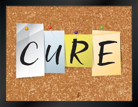 An illustration of the word "CURE" written on pieces of colored paper pinned to a cork bulletin board. Vector EPS 10 available. Stockbilder - Microstock & Abonnement, Bildnummer: 400-08619577