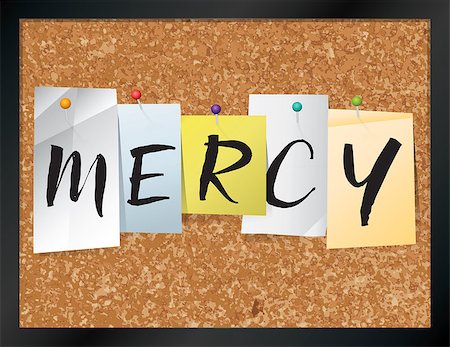 An illustration of the word "MERCY" written on pieces of colored paper pinned to a cork bulletin board. Vector EPS 10 available. Photographie de stock - Aubaine LD & Abonnement, Code: 400-08619592
