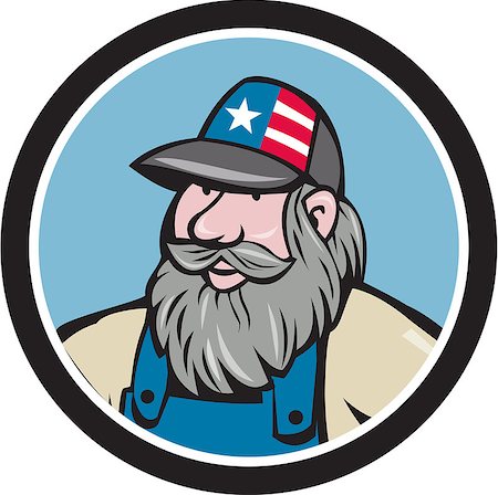 Illustration of a head of hillbilly man with beard wearing hat with stars and stripes looking to the side viewed from front set inside circle done in cartoon style. Stock Photo - Budget Royalty-Free & Subscription, Code: 400-08619686
