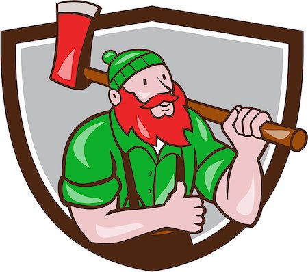 simsearch:400-08574574,k - Illustration of a Paul Bunyan an American lumberjack sawyer forest carrying axe on shoulder thumbs up set inside shield crest on isolated background done in cartoon style. Stock Photo - Budget Royalty-Free & Subscription, Code: 400-08619691