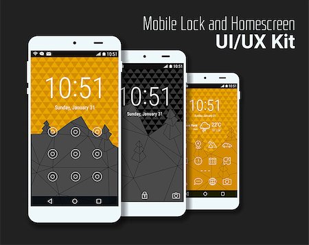 simsearch:400-08645953,k - Trendy mobile smartphone UI kit, polygonal triangular geometric backgrounds. Welcome, lock and home page screens Stock Photo - Budget Royalty-Free & Subscription, Code: 400-08611684