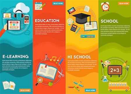 Education Concept - Classical education and library, high school education, back to school, e-learning. Flat style vector illustration online web banner Stock Photo - Budget Royalty-Free & Subscription, Code: 400-08611892