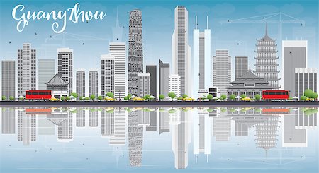 simsearch:400-08628897,k - Guangzhou Skyline with Gray Buildings, Blue Sky and Reflections. Vector Illustration. Business Travel and Tourism Concept with Modern Buildings. Image for Presentation Banner Placard and Web Site. Foto de stock - Super Valor sin royalties y Suscripción, Código: 400-08612615