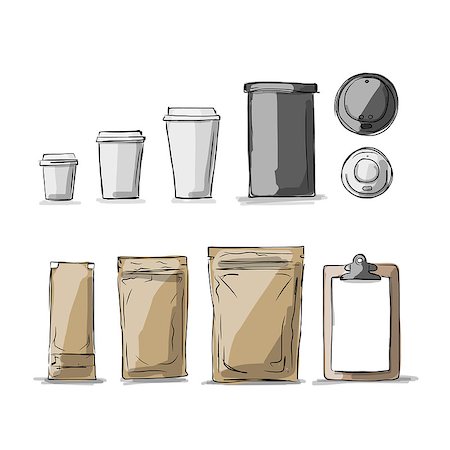 simsearch:400-08290789,k - Bag packaging and take away coffee cups, sketch for your design. Vector illustration Foto de stock - Super Valor sin royalties y Suscripción, Código: 400-08612657