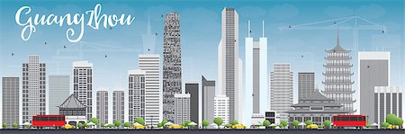 simsearch:400-08628897,k - Guangzhou Skyline with Gray Buildings and Blue Sky. Vector Illustration. Business Travel and Tourism Concept with Modern Buildings. Image for Presentation Banner Placard and Web Site. Foto de stock - Super Valor sin royalties y Suscripción, Código: 400-08612672