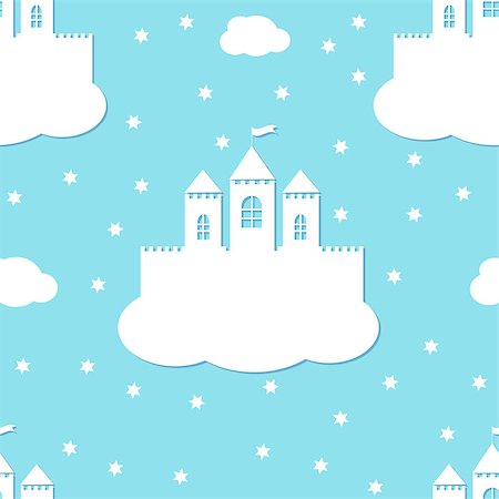 romance and stars in the sky - Seamless pattern with white castles on blue background. White paper castle on a cloud in paper cut style, vector illustration. Stock Photo - Budget Royalty-Free & Subscription, Code: 400-08612691