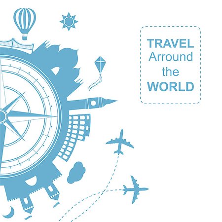 simsearch:400-08407154,k - Famouse places. Travel arround the world vector illustration. Travelling by plane, airplane trip in various country.  Flat icon modern design style poster. Travel banner. Wind rose Travel agency round icon. Stockbilder - Microstock & Abonnement, Bildnummer: 400-08613058