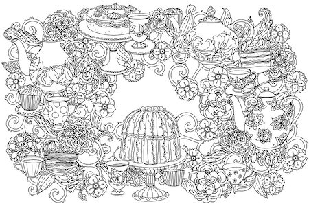 simsearch:400-08616791,k - Orient floral black and white  ornament. With elements of time for tea, cups, teapot, cake and cupcakes. Could be use  for adult coloring book  in zenart style. Foto de stock - Super Valor sin royalties y Suscripción, Código: 400-08613137
