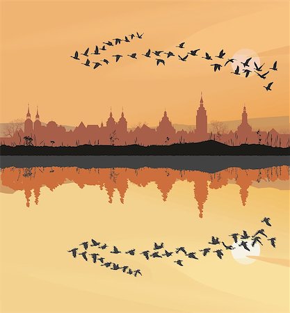 Landscape with the silhouette of the historic town and migrating geese Stock Photo - Budget Royalty-Free & Subscription, Code: 400-08613279
