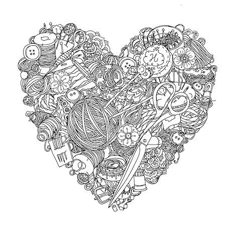 sketchy - Needlework items black and white  ornament in heart shape as a symbol of love for needlework . Could be use  for adult coloring book  in zenart style. Stock Photo - Budget Royalty-Free & Subscription, Code: 400-08613280