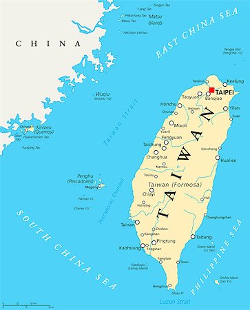 simsearch:400-08626060,k - Taiwan, Republic of China, political map with capital Taipei, national borders, important cities, rivers and lakes. English labeling and scaling. Illustration. Stock Photo - Budget Royalty-Free & Subscription, Code: 400-08613658