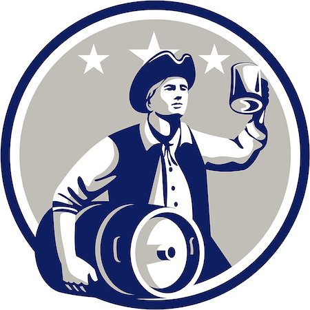 Illustration of an American Patriot holding a beer mug toasting while carrying beer keg set inside circle with stars in the background done in retro style. Stock Photo - Budget Royalty-Free & Subscription, Code: 400-08613707