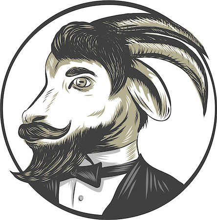 simsearch:400-08623964,k - Drawing sketch style illustration of a goat ram with big horns and moustache beard owearing tie tuxedo suit looking to the side set inside circle. Foto de stock - Royalty-Free Super Valor e Assinatura, Número: 400-08613710