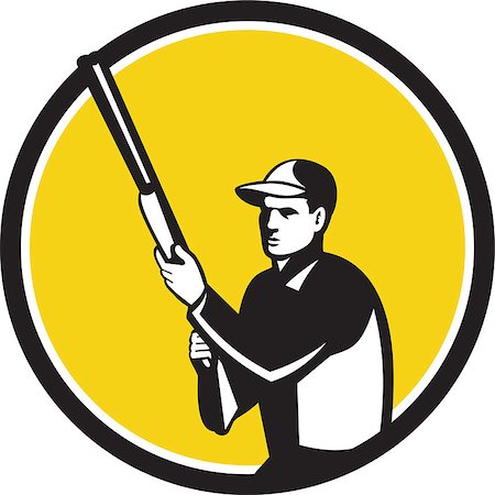 simsearch:400-04749578,k - Illustration of a hunter wearing hat holding shotgun rifle looking to the side set inside circle on isolated background done in retro style. Foto de stock - Super Valor sin royalties y Suscripción, Código: 400-08613712