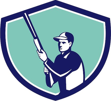 simsearch:400-04639891,k - Illustration of a hunter wearing hat holding shotgun rifle looking to the side set inside shield crest on isolated background done in retro style. Stock Photo - Budget Royalty-Free & Subscription, Code: 400-08613713