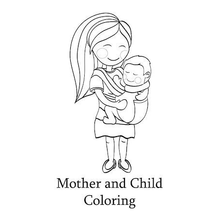 Happy cartoon characters, mother carrying a child using a handy baby carrier, baby wearing and attachment parenting concept. Vector coloring book illustration. Vector line black and white artwork Stock Photo - Budget Royalty-Free & Subscription, Code: 400-08613732