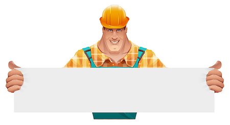Strong male worker holding blank banner. Man in overalls. Worker in helmet. Cartoon illustration in vector format Photographie de stock - Aubaine LD & Abonnement, Code: 400-08613744