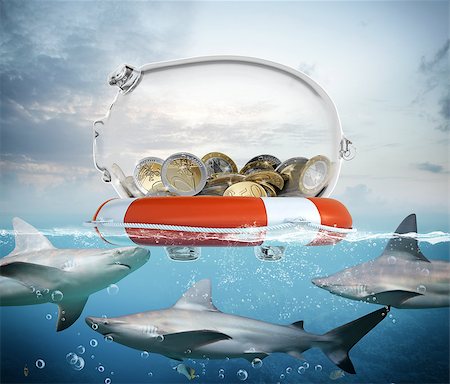 simsearch:614-02934169,k - Lifebelt with piggybank and big sharks underwater Stock Photo - Budget Royalty-Free & Subscription, Code: 400-08613946