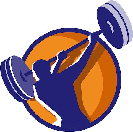 Illustration of a weightlifter lifting swinging barbell looking to the side viewed from rear set inside circle on isolated background done in retro style. Stock Photo - Budget Royalty-Free & Subscription, Code: 400-08613974