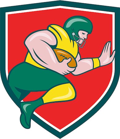 simsearch:400-07835465,k - Illustration of an american football gridiron player running back charging with ball viewed from the side set inside shield crest on isolated background done in cartoon style. Stock Photo - Budget Royalty-Free & Subscription, Code: 400-08613988