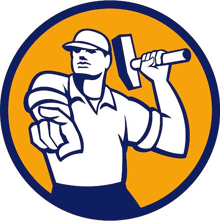 simsearch:400-07747598,k - Illustration of a demolition worker wearing hat pointing holding hammer ready to strike set inside circle on isolated background done in retro style. Photographie de stock - Aubaine LD & Abonnement, Code: 400-08613998