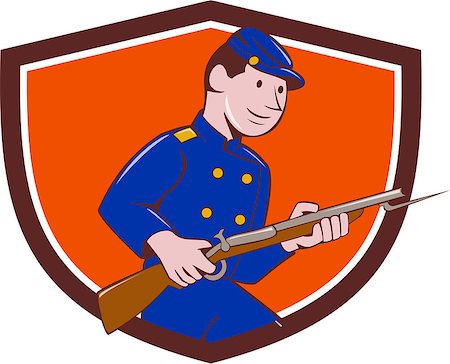 simsearch:400-08919969,k - Illustration of a Union Army soldier during the American Civil War holding rifle with bayonet set inside shield crest on isolated background done in cartoon style. Foto de stock - Super Valor sin royalties y Suscripción, Código: 400-08624004