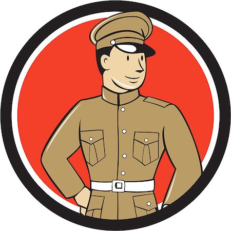 simsearch:400-08919969,k - Illustration of a World War one British officer soldier serviceman standing looking to the side viewed from front set inside circle on isolated background done in cartoon style. Foto de stock - Super Valor sin royalties y Suscripción, Código: 400-08624006