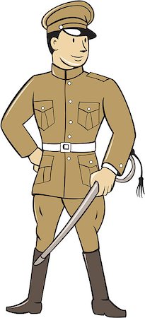simsearch:400-08919969,k - Illustration of a World War one British officer soldier serviceman standing holding sword looking to the side viewed from front set on isolated white background done in cartoon style. Foto de stock - Super Valor sin royalties y Suscripción, Código: 400-08624007