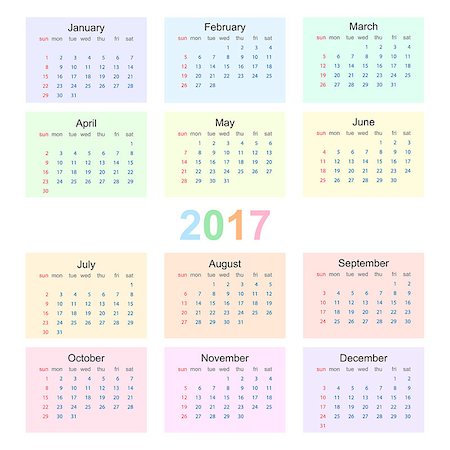 sasha2538 (artist) - Calendar 2017 starting from sunday. Colorful vector illustration Stockbilder - Microstock & Abonnement, Bildnummer: 400-08624159