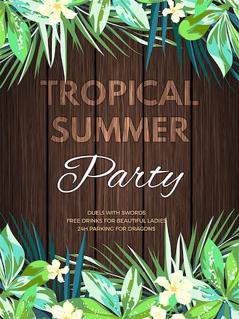 summer beach postcard - Bright hawaiian design with tropical plants and hibiscus flowers, vector illustration Stock Photo - Budget Royalty-Free & Subscription, Code: 400-08624314