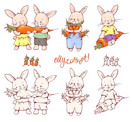 simsearch:400-08531223,k - Illustration of funny cartoon Bunnies with carrots. Hand-drawn illustration. Vector set. Foto de stock - Super Valor sin royalties y Suscripción, Código: 400-08624389